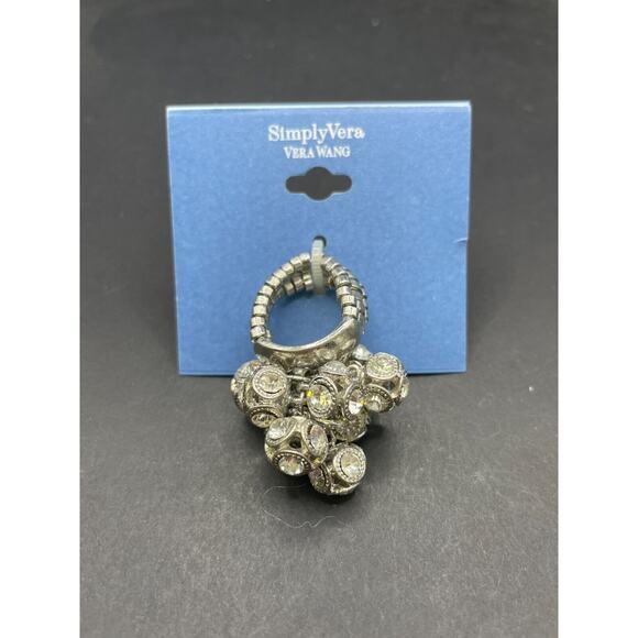 SimplyVera VERA WANG Silver Tone Dangling Clear Crystal Stretch Ring New - Picture 4 of 7
